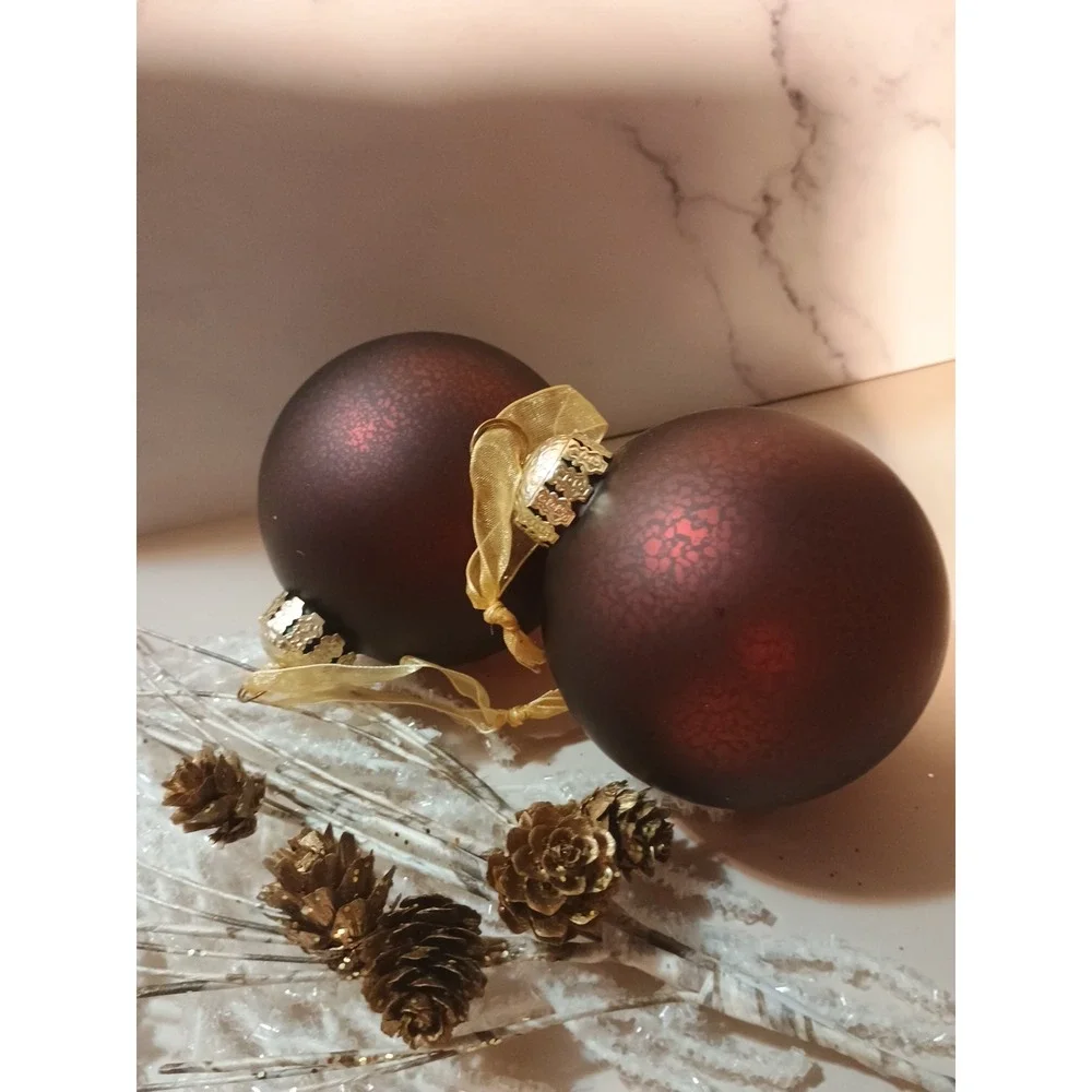 Pair Of Frontgate Maroon Round Glass Ornaments Matte Holiday‎ Decor 4 Inch
